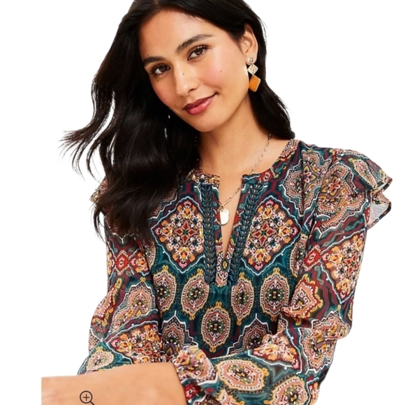 {LOFT} Womens Tapestry Ruffle Split Neck Blouse - Size XL - Picture 13 of 15